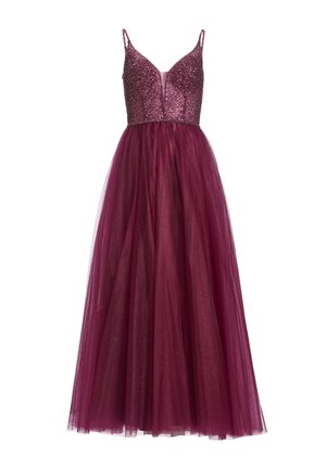 Ærmeløs gulvlængde aftenkjole med en glitrende tætsiddende overdel, dyb V-udskæring, tynde stropper og en flydende tylskørt i mørk lilla.