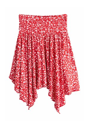 Roter Rock mit weißem kleinem Blumenmuster, elastischem Bund und asymmetrischem Tuchsaum.