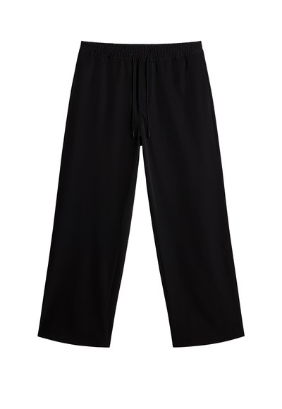 Black wide-leg pants made of smooth fabric, featuring an elastic waistband and adjustable drawstring. No patterns or distinctive accents.