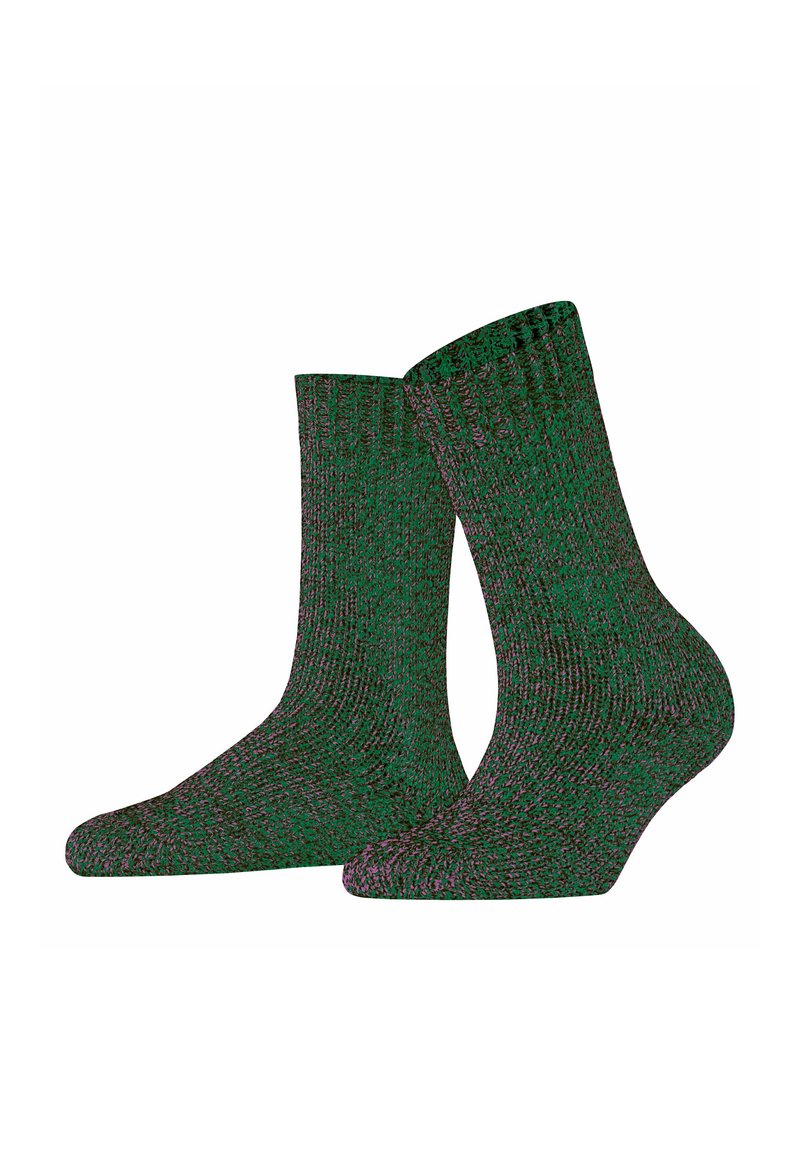 Zielone i fioletowe skarpetki w wzory, z prążkowanym mankietem, o średniej długości i teksturowanym splocie, odpowiednie do codziennego noszenia.
