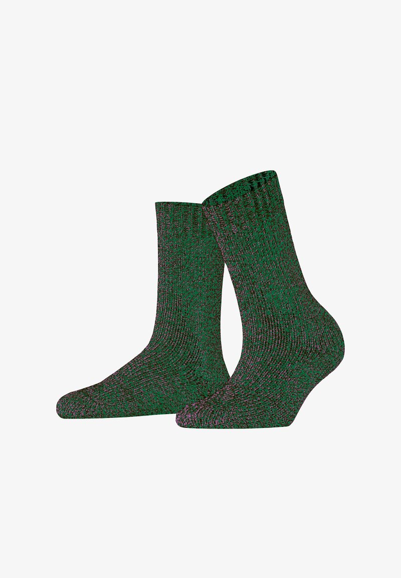 Zielone i fioletowe skarpetki w wzory, z prążkowanym mankietem, o średniej długości i teksturowanym splocie, odpowiednie do codziennego noszenia.