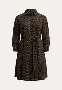 Rochie neagră cu un model circular auriu, guler, mâneci lungi și talie legată. Materialul are o textură netedă și un design fluid.