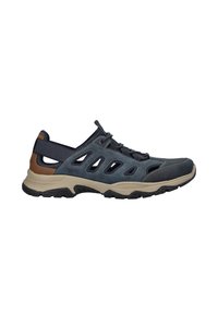 Marineblaue Leder- und Stoffschuhe mit Ausschnitten, elastischen Schnürsenkeln, beiger Sohle und braunem Akzent an der Ferse. Designed für Komfort.
