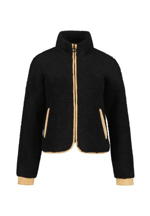 Veste en polaire noire avec un col haut, des bordures beige, deux poches latérales et des poignets côtelés. Texture douce avec une fermeture éclair à l'avant.