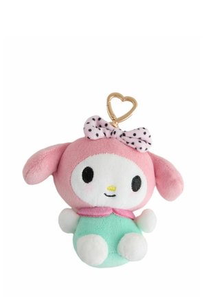 Small plush keychain with a pink head and ears, a polka dot bow, big black eyes, and a mint green body with white hands and feet.