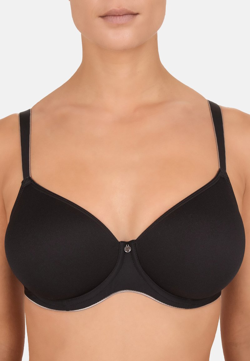 Soutien-gorge noir avec armature, en tissu lisse, bonnets moulés, bretelles réglables et un subtil contour argenté sur les bords. Fermeture à l'avant.