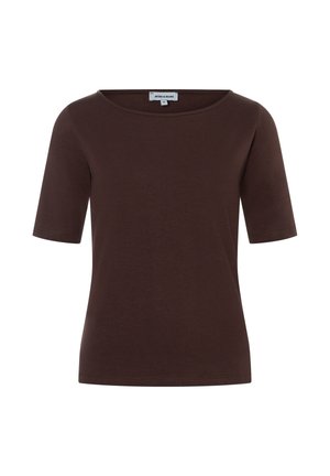 Dunkelbraunes, kurzärmeliges, tailliertes T-Shirt mit Rundhalsausschnitt und kleinem Markenlabel im Nacken, Größe Medium.
