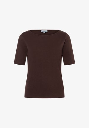 Dunkelbraunes, kurzärmeliges, tailliertes T-Shirt mit Rundhalsausschnitt und kleinem Markenlabel im Nacken, Größe Medium.
