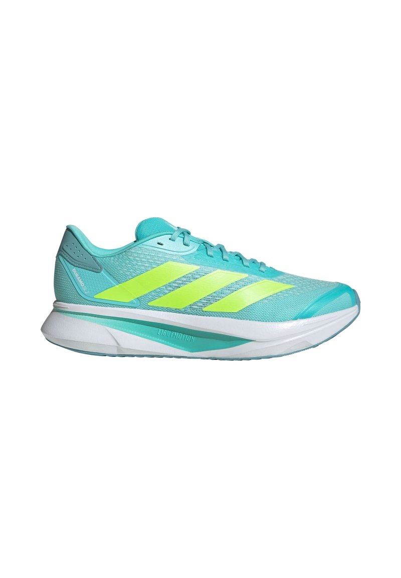 Lightweight running shoes with a turquoise mesh upper and bright yellow accents. Features a cushioned sole design for comfort and support.