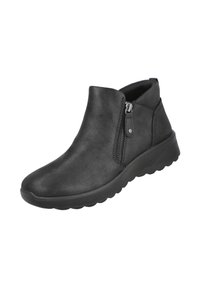 Botas negras por el tobillo hechas de material sintético suave, con un cierre de cremallera lateral, punta redondeada y una suela de goma gruesa y texturizada.