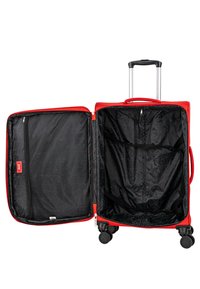 Maleta roja con ruedas y asa telescópica. El interior cuenta con forro negro, múltiples compartimentos y un bolsillo con cremallera.