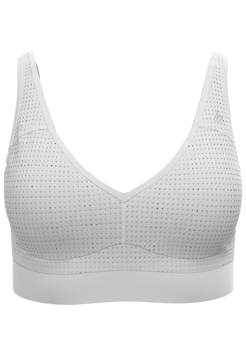 Weißer nahtloser Sport-BH aus durchlässigem, perforiertem Stoff und breitem elastischen Unterbrustband, entworfen für Komfort und Unterstützung.