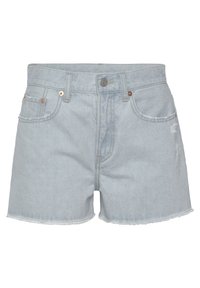 Lichtblauwe denimshorts met een rafelige zoom, vijf zakken en messing accenten. Heeft een klassieke knoopsluiting en versleten details.