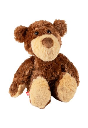 Brown and beige plush teddy bear with round black eyes, sitting upright on a white background.