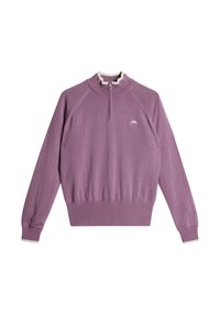 Lila Langarm-Pullover mit halbem Reißverschluss, gerippten Bündchen und Saum, weißen Kanten am Kragen und den Bündchen sowie kleinem weißen Logo auf der linken Brust.
