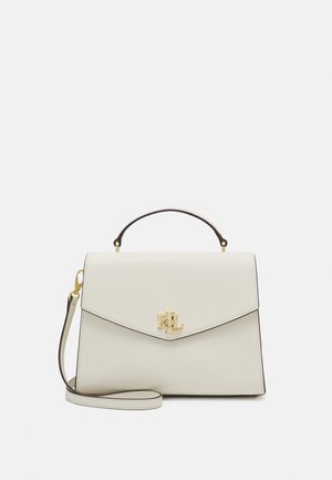 Sac à main en cuir blanc texturé avec logo RL doré, poignée supérieure et bandoulière amovible sur fond uni.