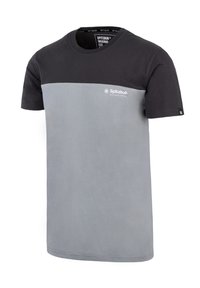 Kurzarm-T-Shirt in Schwarz und Grau, aus Baumwolle. Es verfügt über einen einfarbigen oberen schwarzen Bereich und einen hellgrauen unteren Bereich mit Logo.