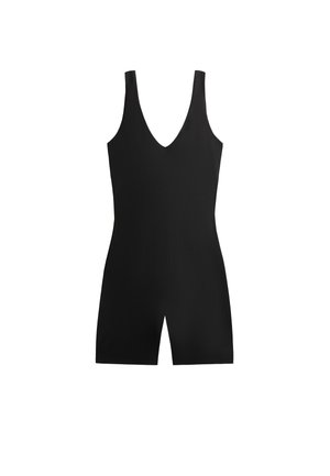 Completo senza maniche di colore nero con scollatura a V profonda. Realizzato in tessuto morbido, presenta una silhouette aderente e un design a gamba corta con finitura senza cuciture.