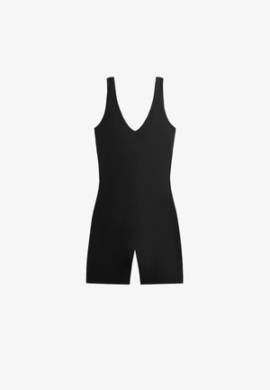 Completo senza maniche di colore nero con scollatura a V profonda. Realizzato in tessuto morbido, presenta una silhouette aderente e un design a gamba corta con finitura senza cuciture.