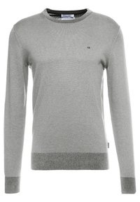 Gray knitted sweater with a round neck, long sleeves, and ribbed cuffs and hem. Features a small logo on the chest. Smooth texture.