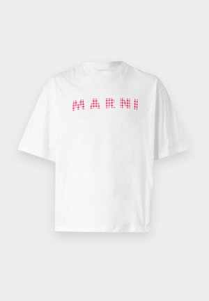 Hvit bomulls t-skjorte med ordet "MARNI" i rød og rosa sjakkmønster. Korte ermer og avslappet passform.