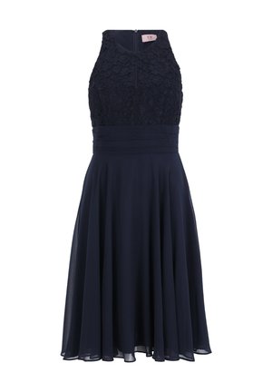 Navyblaues Kleid mit einem Spitzenoberteil, ärmellosem Design und einem schwingenden Rock. Das Oberteil hat eine filigrane Spitzenstruktur und einen verdeckten Reißverschluss.