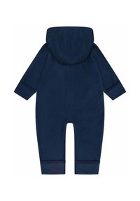 Navyblauer Fleece-Overall mit Kapuze, langen Ärmeln und Bündchen an den Knöcheln. Glatte Textur, keine sichtbaren Muster oder Akzente.