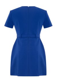 Blue short-sleeve dress with a fitted bodice, visible back zipper, and a belted waist. Smooth texture with a clean silhouette and structured design.