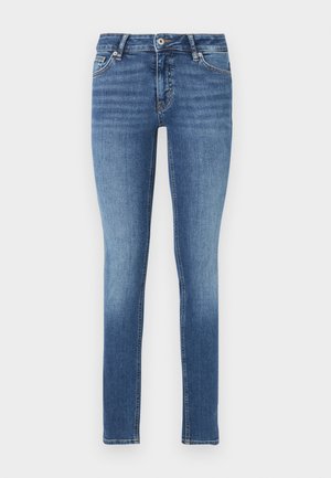 Skinny jeans made of denim, featuring a medium blue wash, standard five-pocket design, and visible stitching along the seams.