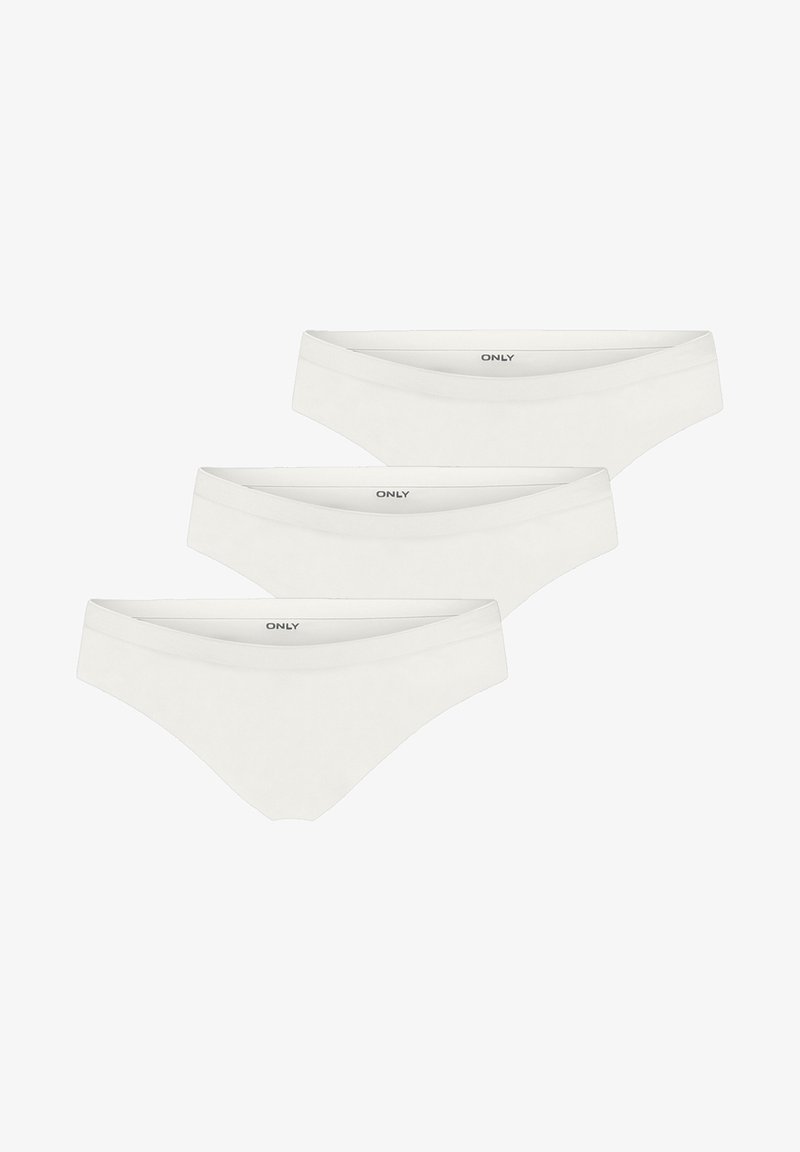 Three pairs of white women’s briefs with a smooth texture, low-rise design, and a logo printed inside. No visible patterns or accents.