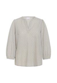 Light gray blouse with a V-neck and half-length puff sleeves. Made of textured fabric featuring small raised dots throughout.