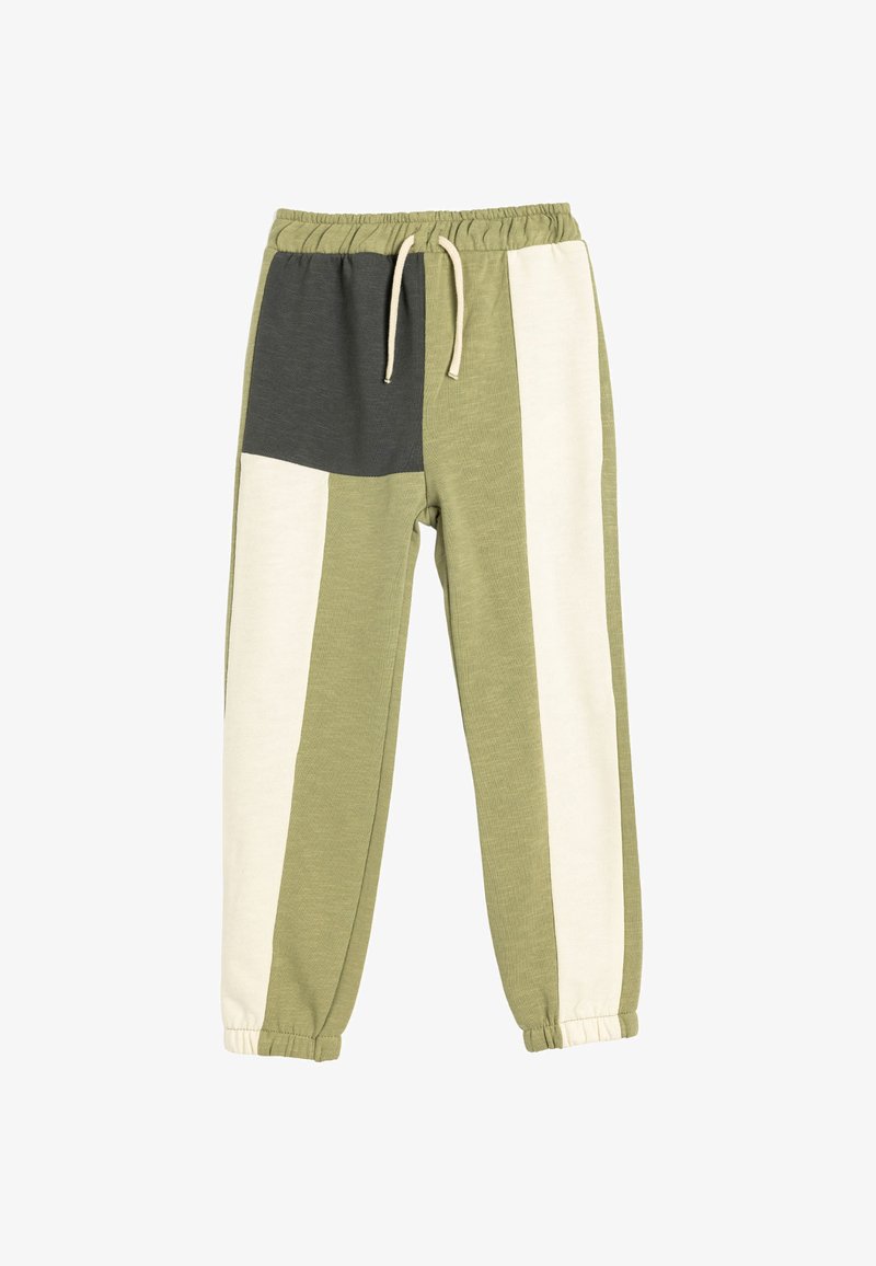 Grüne und beige gestreifte Jogginghosen mit elastischem Bund und Kordelzug. Verfügt über ein Color-Block-Design mit kontrastierenden Stofftexturen.