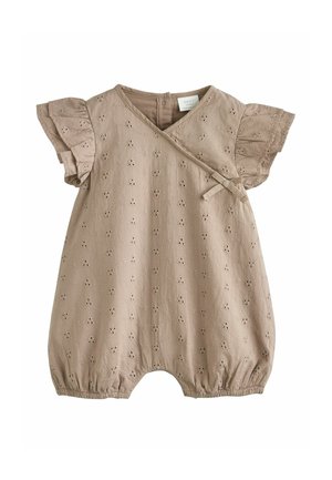 Beežikas beebikombinesoon lühikeste volangiga varrukatega, lilleümbrise tikandiga, eespoole mähitud koos külgtiedega ja elastsete sääreavadega.