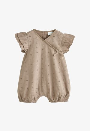 Beige babyheldragt med korte flæseærmer, hulmønster blomst broderi, slå-om front med sideremme og elastiske benåbninger.