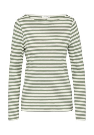 Langarm T-shirt met horizontale groene en witte strepen, ronde halslijn, zacht katoenmateriaal en een relaxte pasvorm.