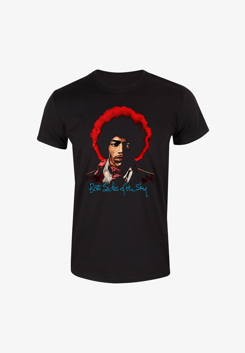 Sort t-shirt med et grafisk print af en person med afrofrisure, fremhævet med rødt. Teksten lyder "Begge Sider af Himlen" i blåt.