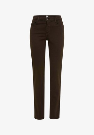 Mørkebrune jeans lavet af en bomuldsblanding, med en tætsiddende pasform, lige ben, standard fem-lomme stil og en frontlukning med knap og lynlås.