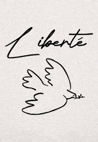 T-shirt in cotone con sfondo grigio chiaro, caratterizzato da testo nero che recita "liberté" e un semplice disegno a linee di una colomba con un rametto d'ulivo.