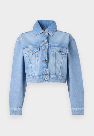 Light blue cropped denim jacket with long sleeves, button front, flap chest pockets, and a classic collar.