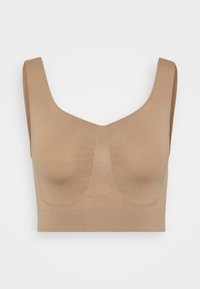 Bralette beige senza cuciture con spalline larghe, design a V, morbida texture a coste e finitura liscia. Senza ferretto, adatta per un comfort ottimale.