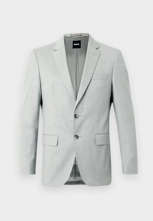 Blazer grigio chiaro con due bottoni, rever a pala e tasche frontali. Tessuto liscio con un motivo sottile all'interno. Etichetta del marchio visibile.