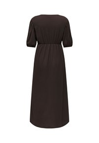 Σκούρο καφέ midi φόρεμα με ελαστική μέση, κοντά φαρδιά μανίκια και στρογγυλή λαιμόκοψη, απεικονίζεται από πίσω σε λευκό φόντο.