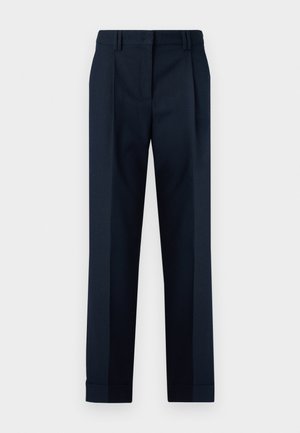 Navy blue tailored trousers with a smooth texture, featuring a flat front, double pleats, and cuffs at the ankle.