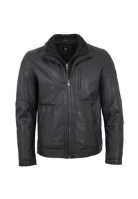 Schwarze Lederjacke mit vorderem Reißverschluss, hohem Kragen, zwei Seitentaschen und einer Brusttasche. Verfügt über gestickte Akzente an den Schultern.