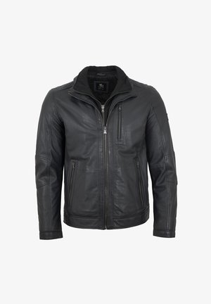 Schwarze Lederjacke mit vorderem Reißverschluss, hohem Kragen, zwei Seitentaschen und einer Brusttasche. Verfügt über gestickte Akzente an den Schultern.