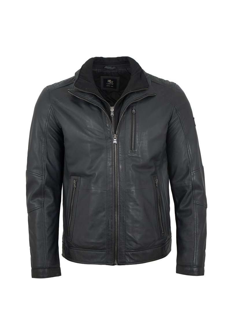 Schwarze Lederjacke mit vorderem Reißverschluss, hohem Kragen, zwei Seitentaschen und einer Brusttasche. Verfügt über gestickte Akzente an den Schultern.