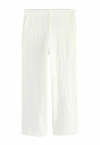 Pantaloni albi, ușori, cu un finisaj texturat. Design evazat, cu un croi larg. Prezintă modele florale subtile, embosate.