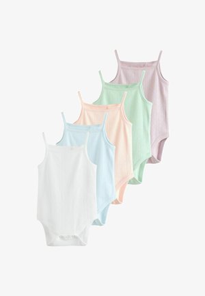 Fem ærmeløse babybodysuits med tryklåse, i hvid, lyseblå, fersken, myntegrøn og lavendel, arrangeret i en trappet række.
