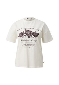 Weißes Baumwoll-T-Shirt mit dunkelbrauem Blumenmotiv und Text: "New Road Flower Market". Kurzärmlig mit Rundhalsausschnitt.