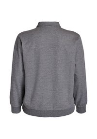 Pullover gris uni à manches longues avec des poignets et un ourlet côtelés, vu de dos sur fond blanc.